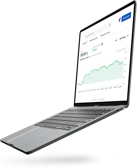 A modern laptop displaying a financial chart with an upward trend. width=